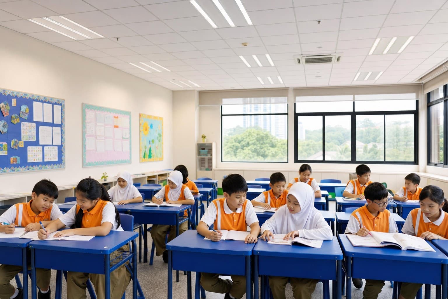 Primary students learning together in a bright classroom